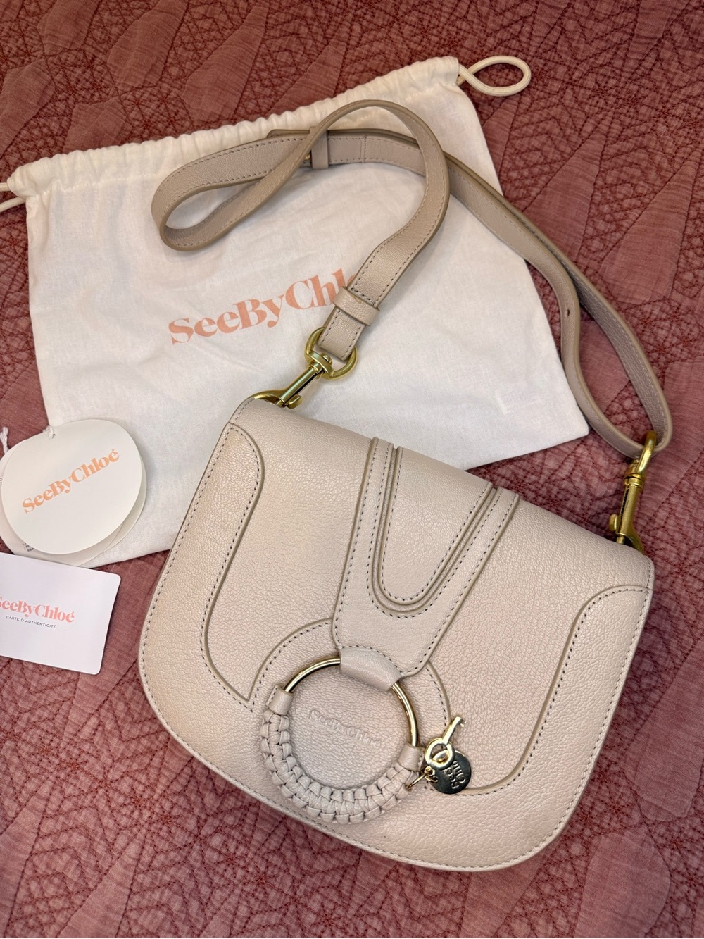 See by Chloé Mini Hana Crossbody Cement Beige Leather Gold Ring Dust Bag - Picture 2 of 11